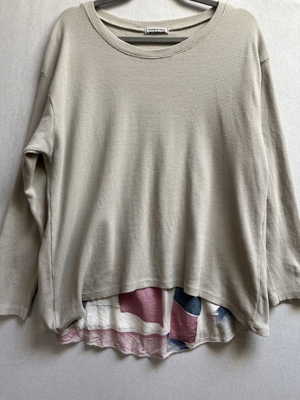 Made In Italy Lagenlook Waffle Knit Split Back Top Beige OS